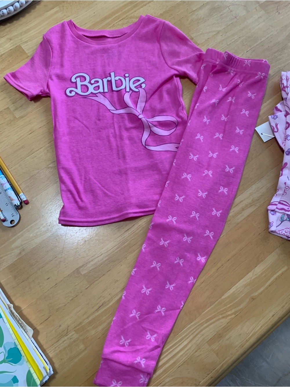 Mattel Barbie Girls Hot Pink Short Sleeve Pajama Set with Bow Print